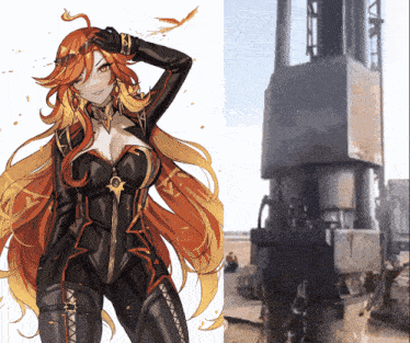 a drawing of a woman with long red hair is next to a picture of a large metal structure