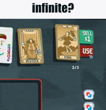a screen shows a joker and justice tarot card