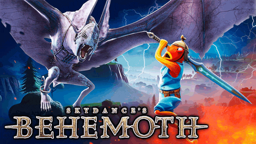 a poster for skydance 's behemoth shows a cartoon character with a sword