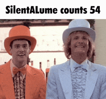 two men wearing top hats and bow ties are standing next to each other with the words silentalume counts 54 below them