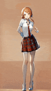 a girl in a plaid skirt and white shirt is standing on one leg