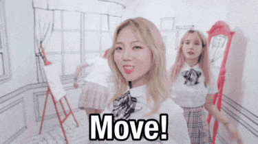 two girls are dancing in a room with the words move written on the bottom
