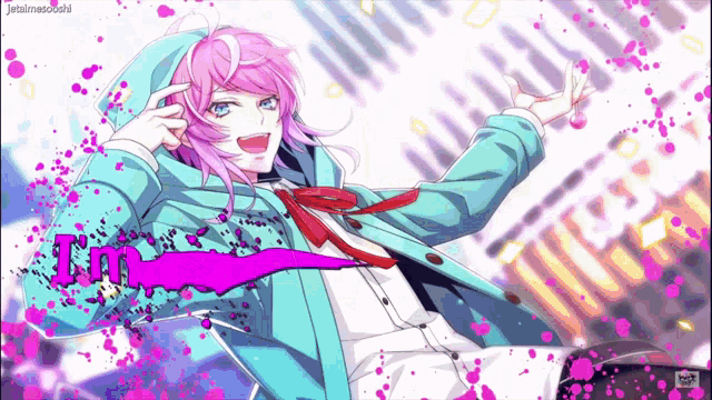 a girl with pink hair is wearing a blue jacket and a purple tie