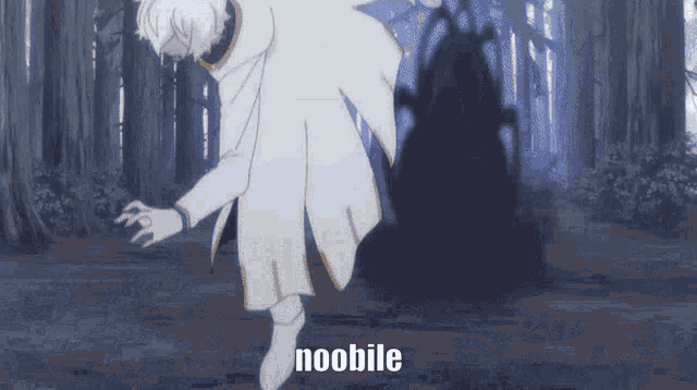a man in a white suit is standing in a dark forest and the word noobile is on the bottom