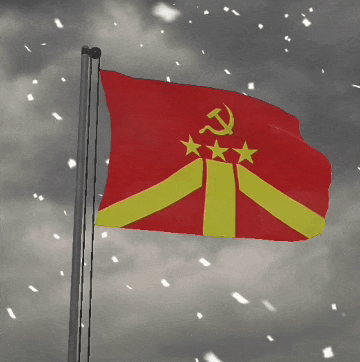 a red and yellow flag with a hammer and sickle and three stars