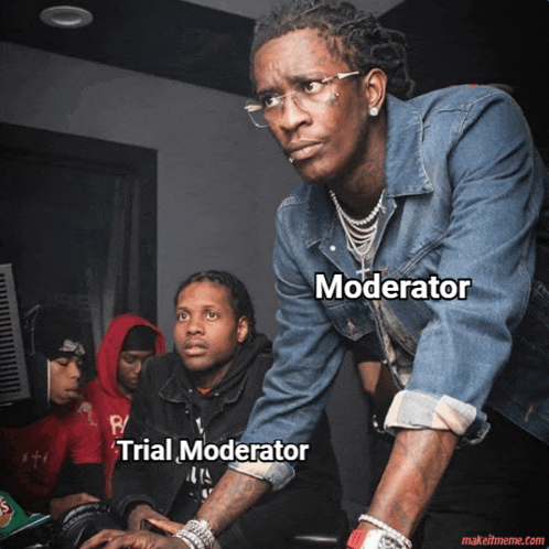 a man in a denim jacket is looking at a computer screen with the words " moderator " and " trial moderator " below him