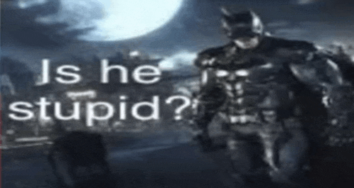 a picture of a man in a batman costume with the words `` is he stupid '' written on it .