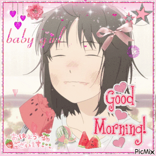 a picture of a girl with watermelon slices and the words " good morning "