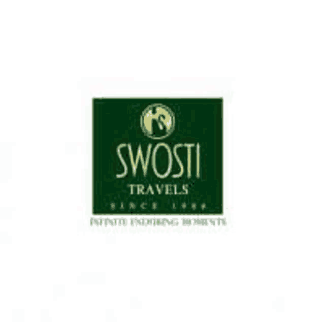 the swosti travels logo is a green square with a globe on it .