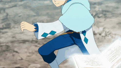 a person in a blue and white outfit is running with a book