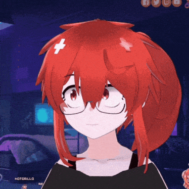 a red haired anime girl with glasses and a cross on her head