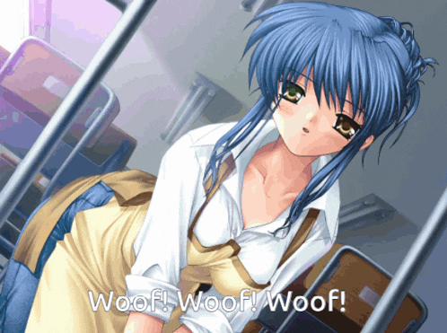a blue haired anime girl with the words woof woof woof below her
