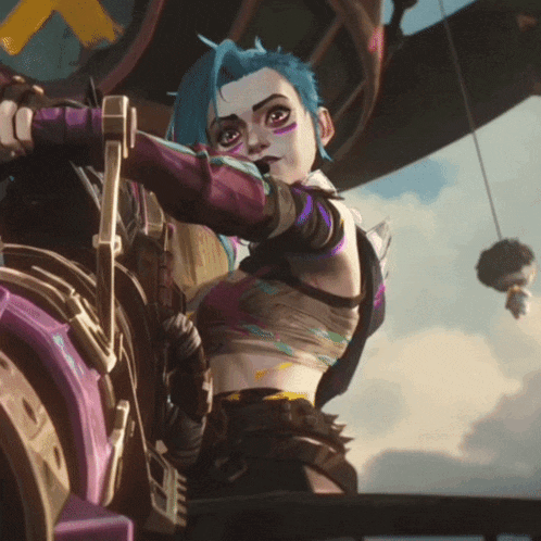 a girl with blue hair is standing in front of a large object