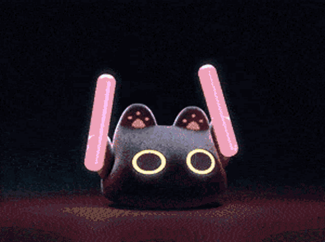 a black cat with glowing eyes and a green light stick