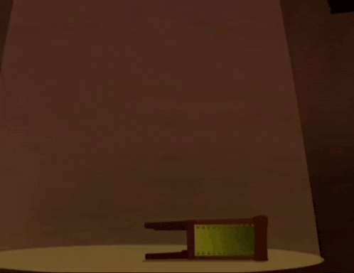 a cartoon of a ghost flying over a chair in a dark room