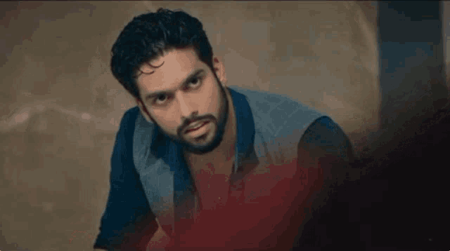 a man with a beard wearing a blue shirt and a gray vest is looking at the camera .