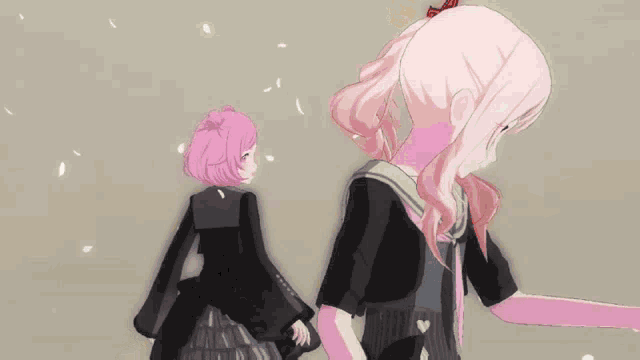 a girl with pink hair stands next to a girl with white hair