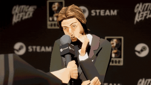 a man in a suit is talking into a microphone sponsored by steam