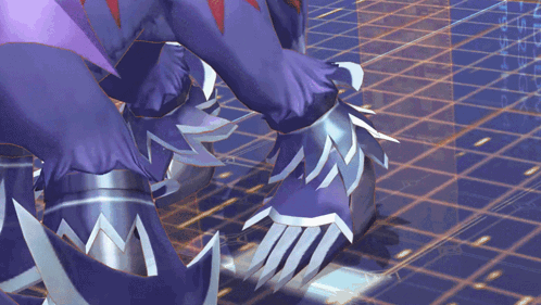 a close up of a person 's feet with purple and silver armor