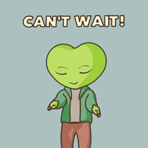 a cartoon character with a heart shaped head and the words " can 't wait " below him