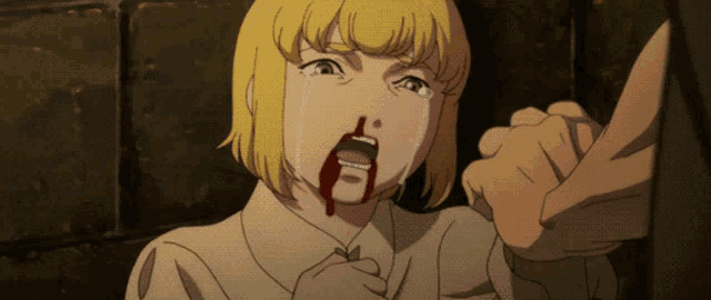 a girl with blood coming out of her nose is being held by a man