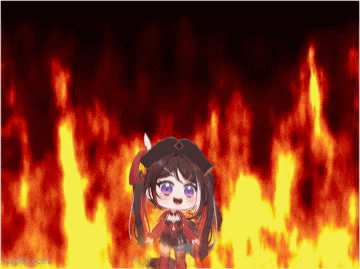a girl with purple eyes is standing in front of a fire .