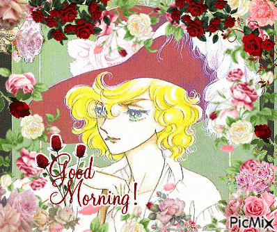 a picture of a woman with the words good morning surrounded by flowers