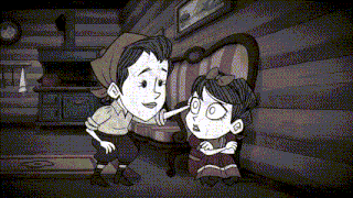 a boy and a girl are standing next to each other in a room in a black and white cartoon .