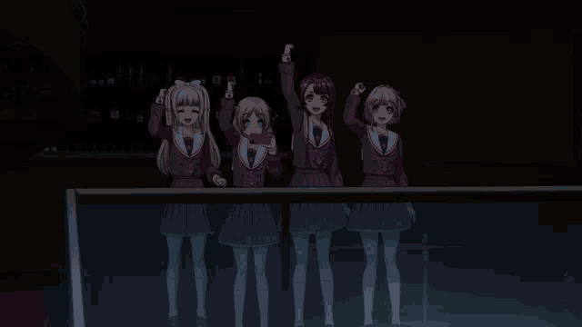 a group of anime girls are standing in a dark room