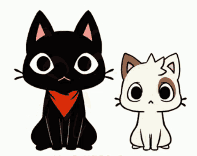 a black cat with a red scarf around its neck is hugging a white cat