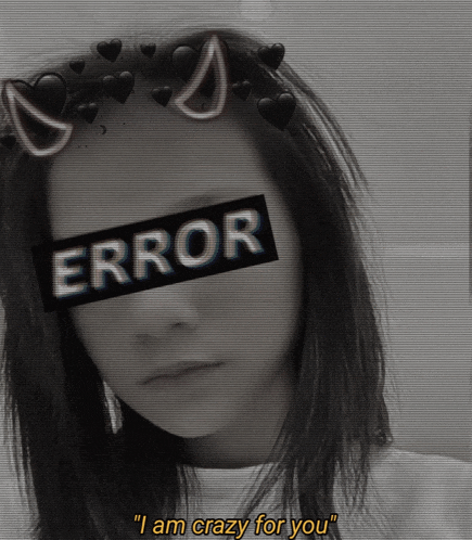 a black and white photo of a girl with a sticker on her face that says error