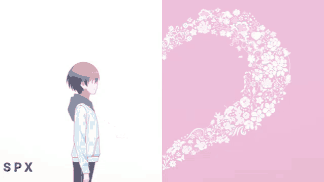 a girl with long pink hair is standing in front of a floral swirl that says spx on the bottom
