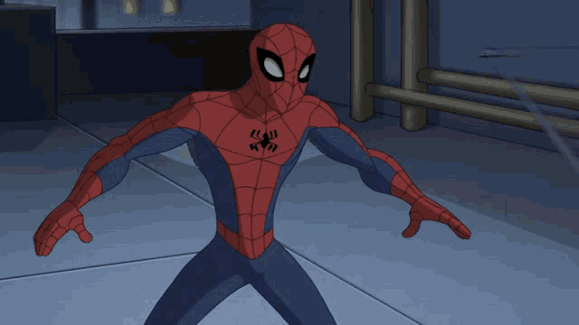 a cartoon spider man is standing in a dark room with his arms outstretched