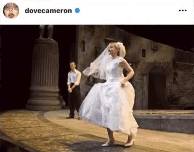a picture of a bride and groom on a stage with the name dove cameron