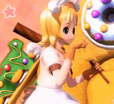a girl in a white dress is standing next to a gingerbread cookie