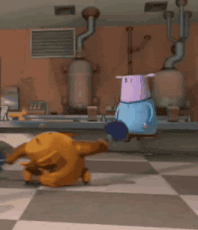 a cartoon character with the letter r on it 's head