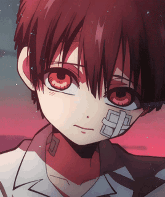 a close up of a cartoon character with red eyes
