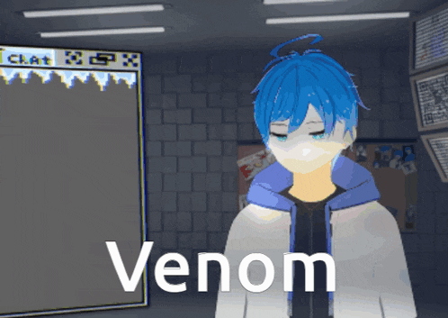 a blue haired anime character with the word venom written on the bottom