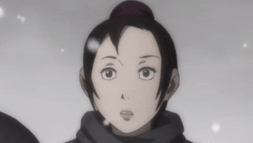a close up of a cartoon character 's face with snow falling
