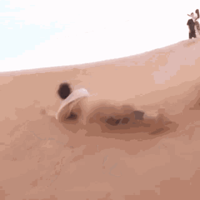 a group of camels are walking across a sand dune in the desert .