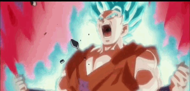 a close up of a cartoon character with blue and red energy coming out of his body .