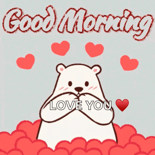 a polar bear holding a heart with the words " good morning love you " below it