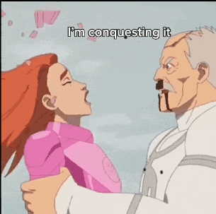 a cartoon of a man holding a woman with the words i 'm conquering it on the bottom