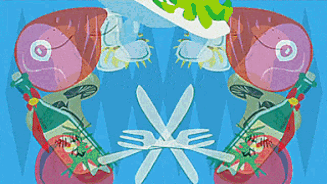 a drawing of a plate of food with a knife and fork