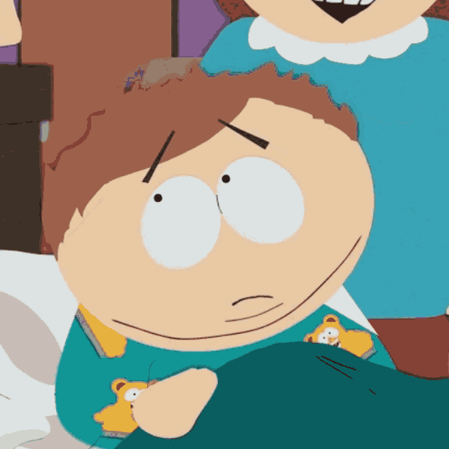 a cartoon character from south park laying in bed