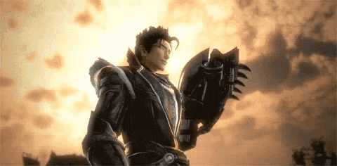 a man in armor is standing in front of a cloudy sky holding a sword .
