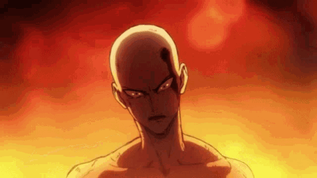 a man with a bald head is standing in front of a fire in a cartoon .