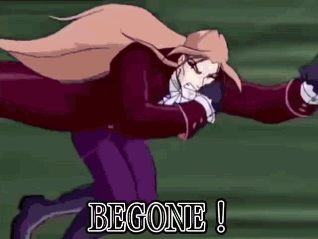 a cartoon character is running with the words begone written below him
