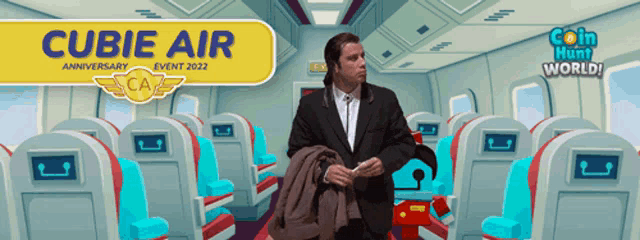 a man in a suit is standing in an airplane with cubice air written on it