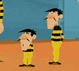 two cartoon characters are standing next to each other and one is waving